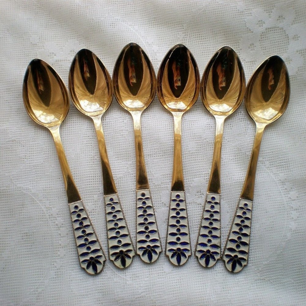 Vintage Russian Gilded Sterling Silver 916 Blue White Enamel Tea Spoon Set Of 6
